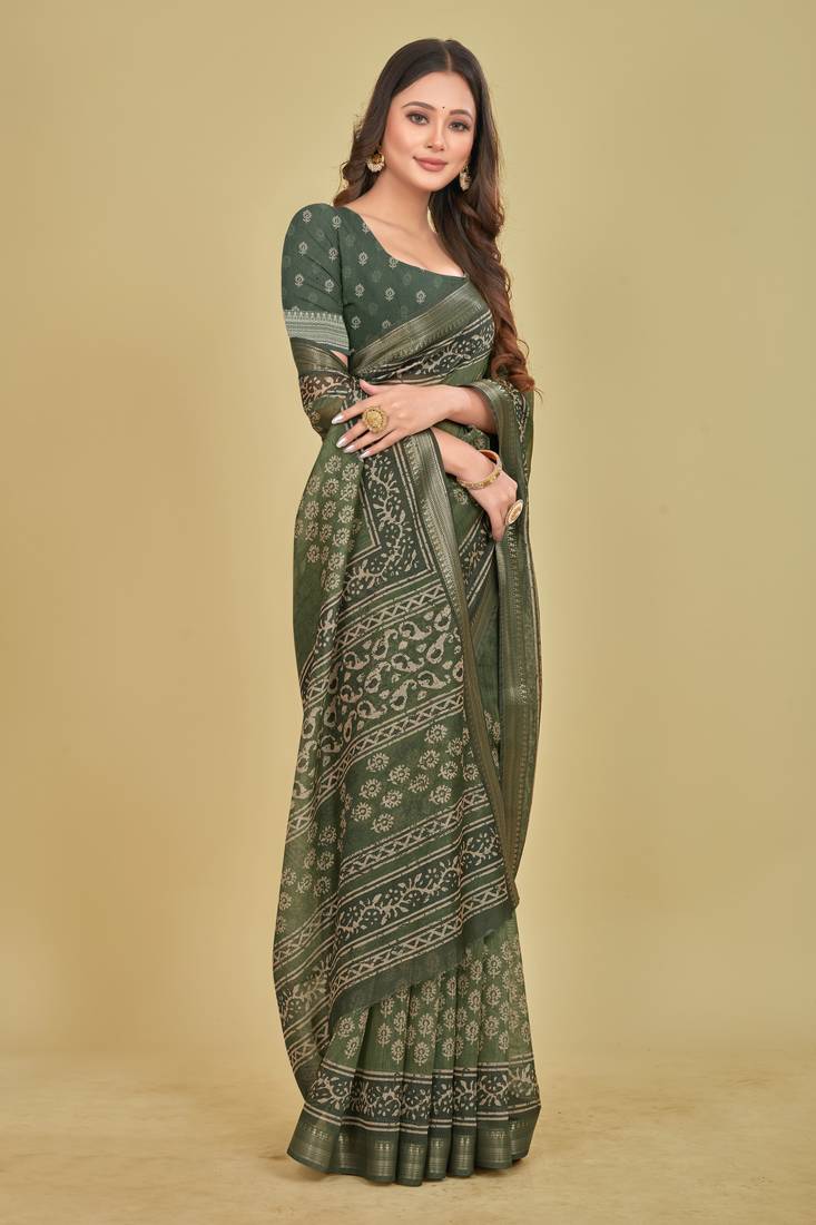 Dark Olive Traditional Digital Print Mulberry Silk Blend Saree