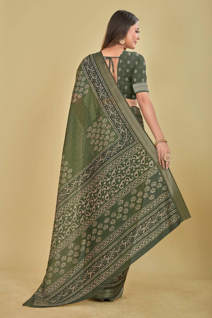 Dark Olive Traditional Digital Print Mulberry Silk Blend Saree