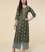 Ethnic Green Colour Cotton Long Kurti With Palazzo Pant For Trendy Looks