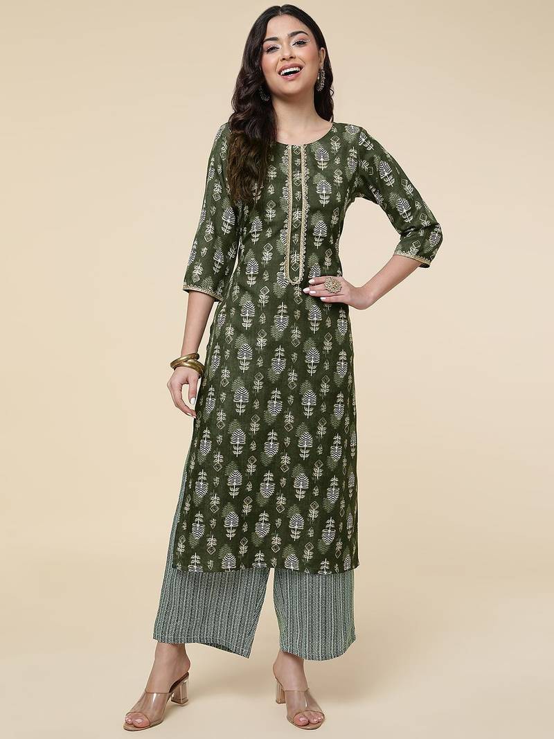 Ethnic Green Colour Cotton Long Kurti With Palazzo Pant For Trendy
