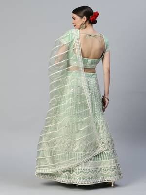 Pastel Green Colour Rich And Heavy Thread Embroidery With Mirror Work Lehenga Set 2