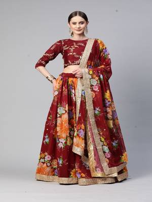 Girlish Maroon Colour Georgette Digital Floral Printed And Sequance Embroidery Work Lehenga Choli Set 1