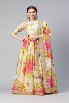 Girlish Cream Colour Georgette Digital Floral Printed And Sequance Embroidery Work Lehenga Choli Set