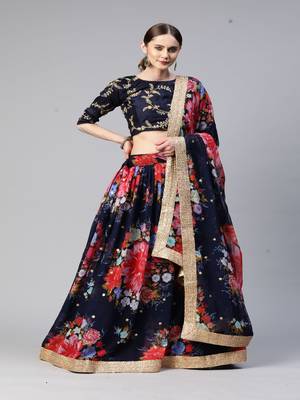 Girlish Nevy Blue Colour Georgette Digital Floral Printed And Sequance Embroidery Work Lehenga Choli Set 1