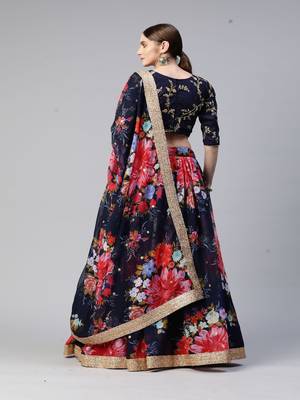 Girlish Nevy Blue Colour Georgette Digital Floral Printed And Sequance Embroidery Work Lehenga Choli Set 2