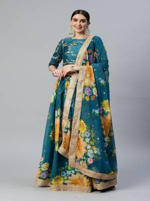 Girlish Teal Blue Colour Georgette Digital Floral Printed And Sequance Embroidery Work Lehenga Choli Set 1