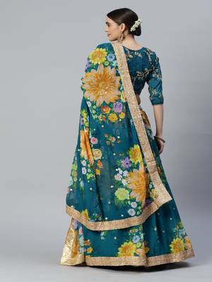 Girlish Teal Blue Colour Georgette Digital Floral Printed And Sequance Embroidery Work Lehenga Choli Set 2
