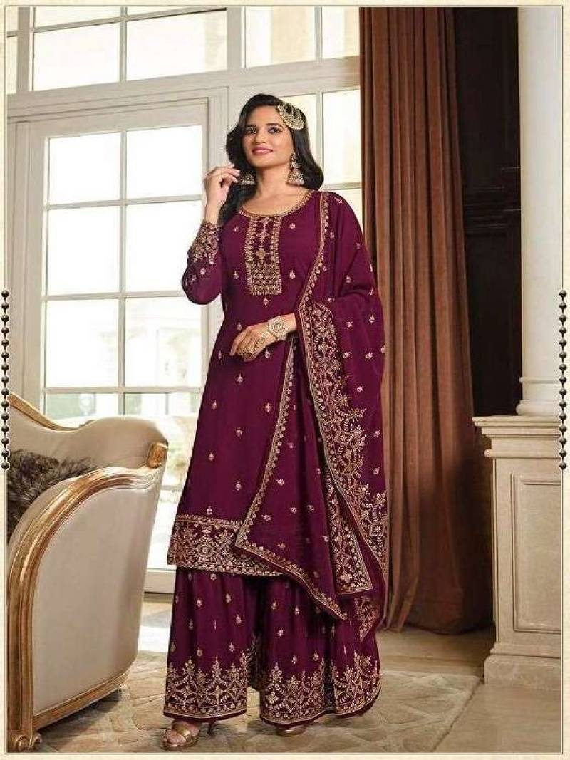 Elegant Zari Embroidery Work Purple Colour Sharara Dress For Party Looks -  KSM PRINTS - 4082688