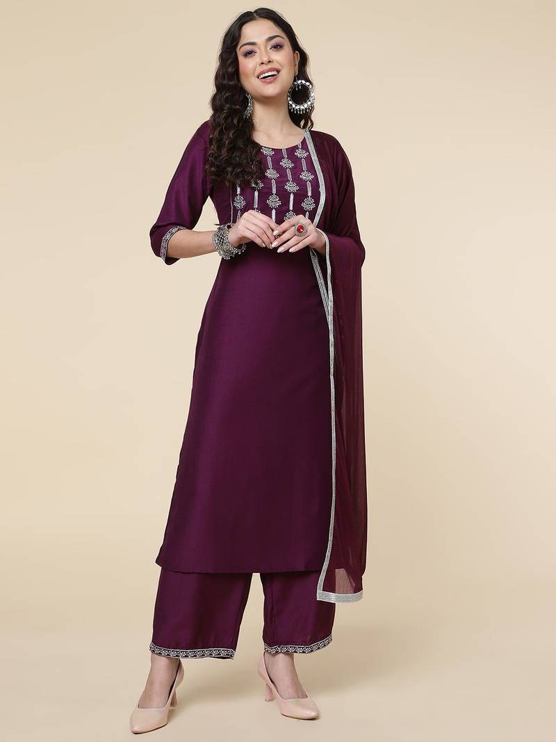 Magenta Colour Polyester Fabric Resham Work Ethnic Palazzo Suit