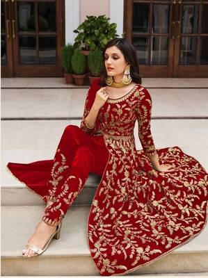 RED DESIGNER WEDDING PARTY WEAR LONG SALWAR SUIT IN NET FABRIC SEMI STITCHED 2