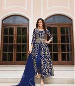 BLUE DESIGNER WEDDING PARTY WEAR LONG SALWAR SUIT IN NET FABRIC SEMI STITCHED