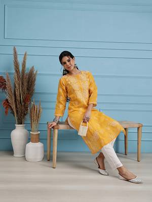 Hand Embroidered Mustard Cotton Lucknowi Chikankari Indian Women Kurta 6