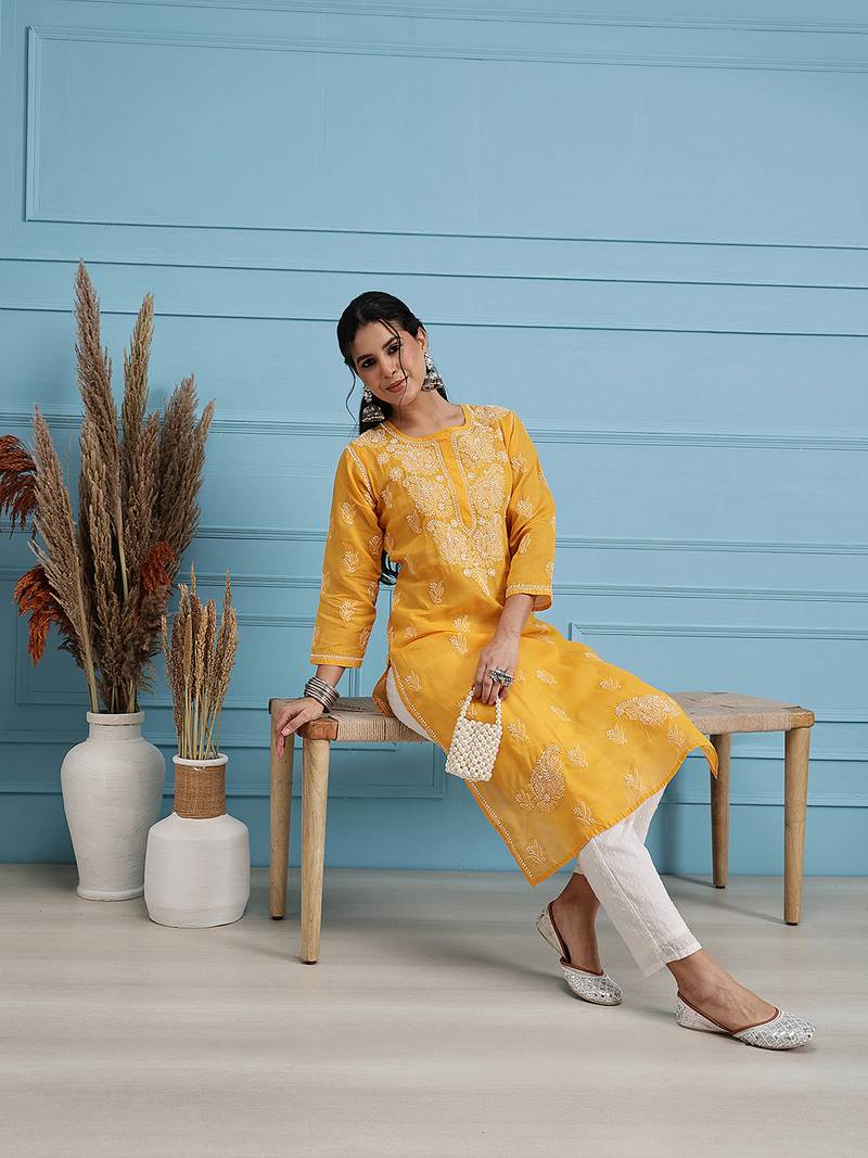 Hand Embroidered Mustard Cotton Lucknowi Chikankari Indian Women Kurta