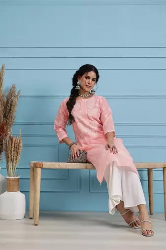 Hand Embroidered Light Peach Cotton Lucknow Chikankari Indian Women Kurta