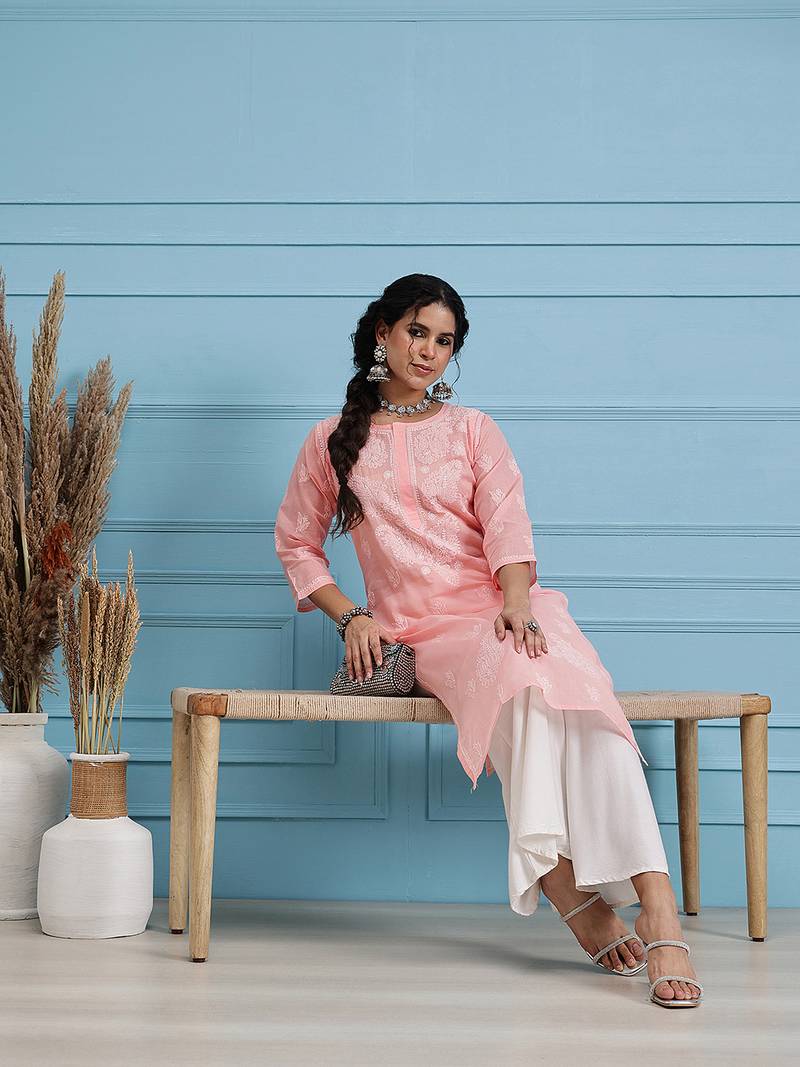 Hand Embroidered Light Peach Cotton Lucknow Chikankari Indian Women Kurta