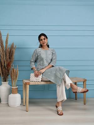 Hand Embroidered Grey Cotton Lucknowi Chikan Indian Women Kurta 6