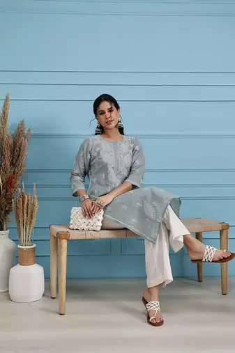 Hand Embroidered Grey Cotton Lucknowi Chikan Indian Women Kurta