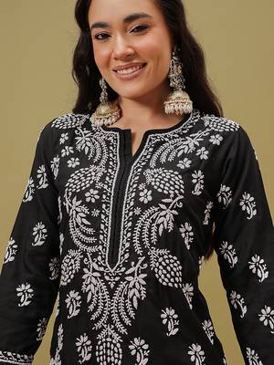 Hand Embroidered Black Cotton Lucknow Chikankari Women Kurta 6