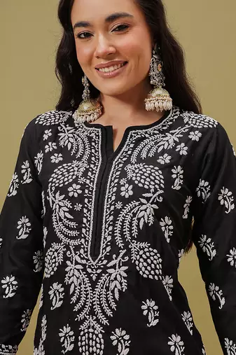 Hand Embroidered Black Cotton Lucknow Chikankari Women Kurta