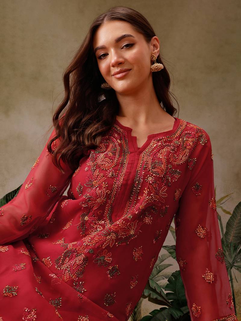 Hand Embroidered Red Georgette Lucknowi Chikan Women Kurta With Slip