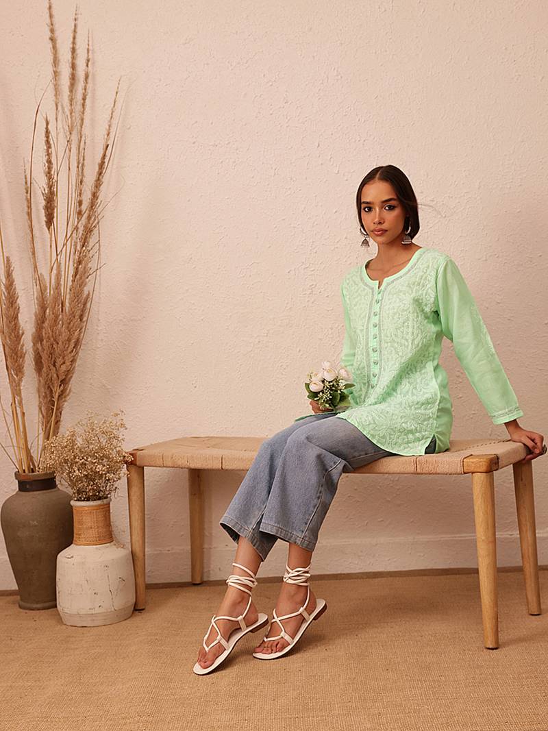 Hand Embroidered Pista Green Cotton Lucknow Chikankari Women Short Kurti With Zari Work