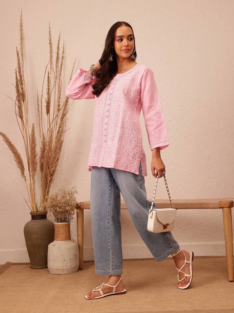 Hand Embroidered Pink Cotton Lucknowi Chikankari Women Short Kurti With Zari Work