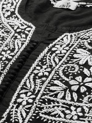 Hand Embroidered Black Cotton Lucknowi Chikankari Women Kurta 2