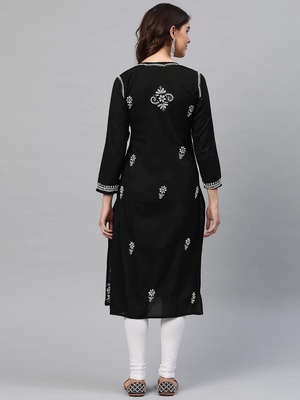 Hand Embroidered Black Cotton Lucknowi Chikankari Women Kurta 3