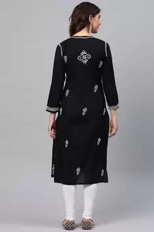 Hand Embroidered Black Cotton Lucknowi Chikankari Women Kurta