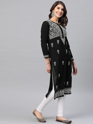Hand Embroidered Black Cotton Lucknowi Chikankari Women Kurta 4