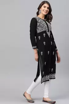 Hand Embroidered Black Cotton Lucknowi Chikankari Women Kurta