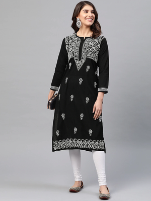 Hand Embroidered Black Cotton Lucknowi Chikankari Women Kurta 5