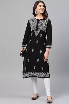 Hand Embroidered Black Cotton Lucknowi Chikankari Women Kurta