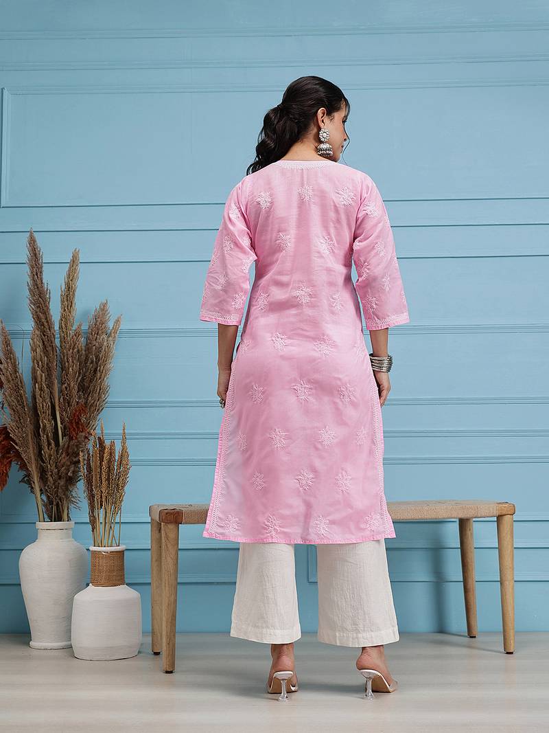 Women Pink Ethnic Motifs Embroidered Lucknow Chikankari Handloom Kurta