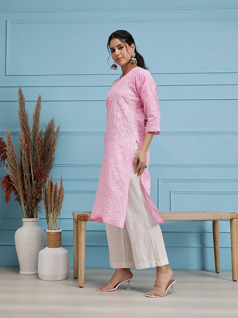 Women Pink Ethnic Motifs Embroidered Lucknow Chikankari Handloom Kurta