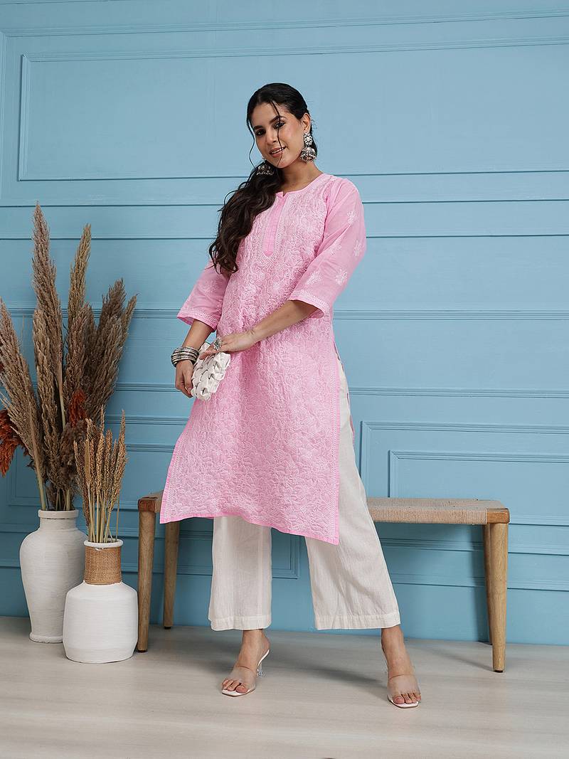 Women Pink Ethnic Motifs Embroidered Lucknow Chikankari Handloom Kurta