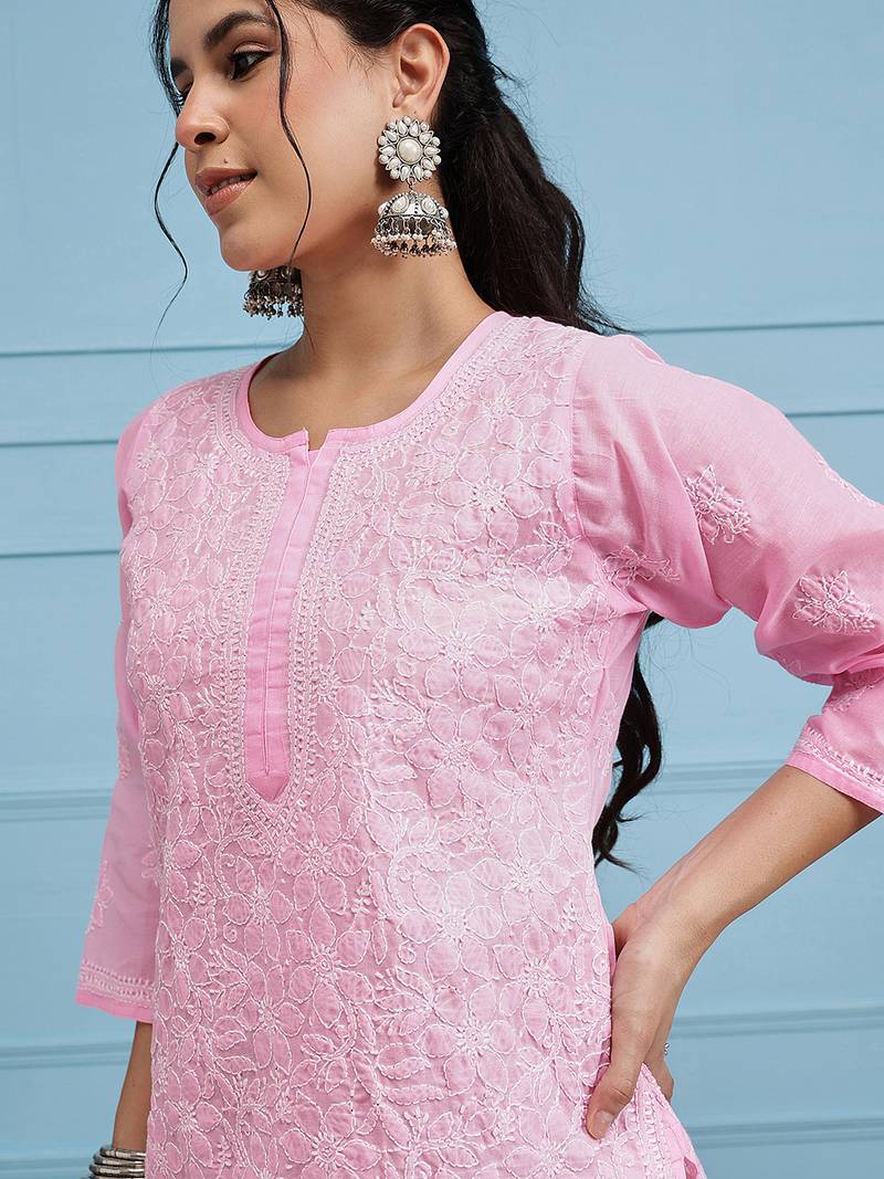 Women Pink Ethnic Motifs Embroidered Lucknow Chikankari Handloom Kurta