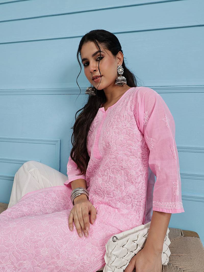 Women Pink Ethnic Motifs Embroidered Lucknow Chikankari Handloom Kurta