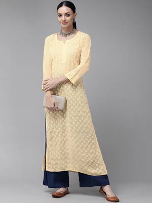 Hand Embroidered Cream Georgette Lucknowi Chikankari Women Kurta 5