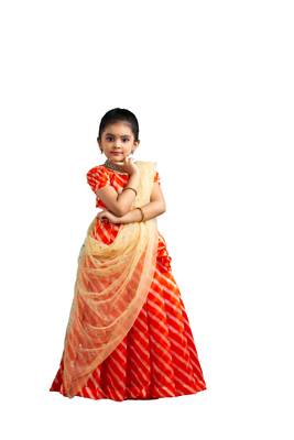 Shivangi Girls Orange Organza Leheriya Lehenga Choli 1