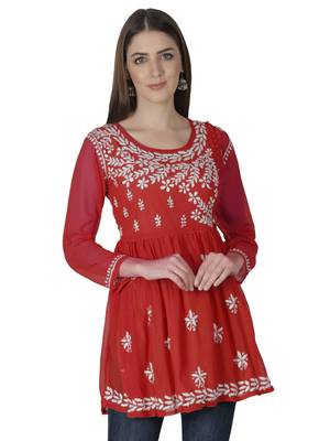 Red embroidered georgette chikankari-kurtis 1