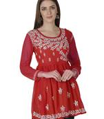 Red embroidered georgette chikankari-kurtis