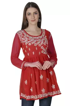 Red embroidered georgette chikankari-kurtis