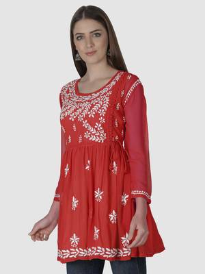Red embroidered georgette chikankari-kurtis 3
