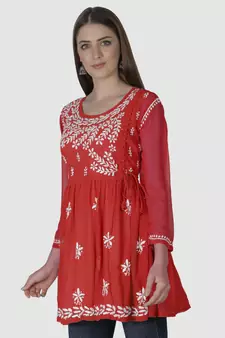 Red embroidered georgette chikankari-kurtis