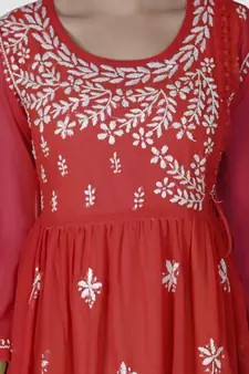 Red embroidered georgette chikankari-kurtis