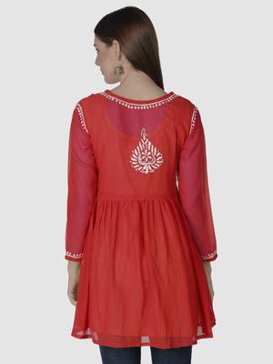 Red embroidered georgette chikankari-kurtis 5