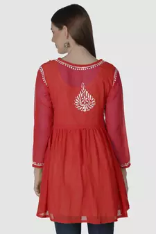 Red embroidered georgette chikankari-kurtis