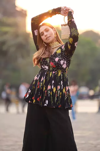 Black Viscose Georgette And Organza Plazo Set