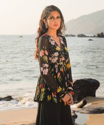 Black Viscose Georgette And Organza Plazo Set 3